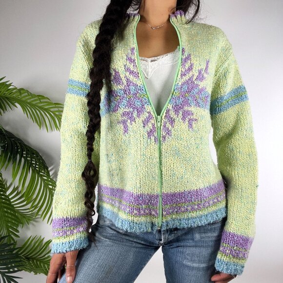 Vintage 90s Womens Green Cottagecore Grandma Sweater Zip Up Cardigan / 2 - Picture 1 of 8